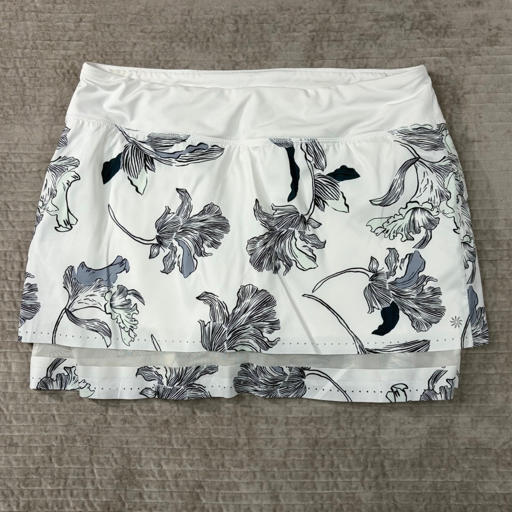 Athleta White Black Floral Skort Mesh Trim Athletic‎ Skirt Size L Zipper Pocket